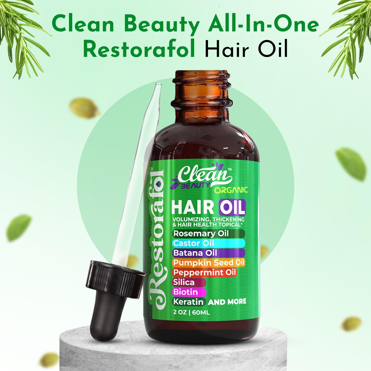 Clean Beauty Rosemary Hair Oil label highlights natural ingredients.