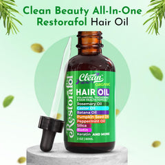 Clean Beauty Rosemary Hair Oil label highlights natural ingredients.