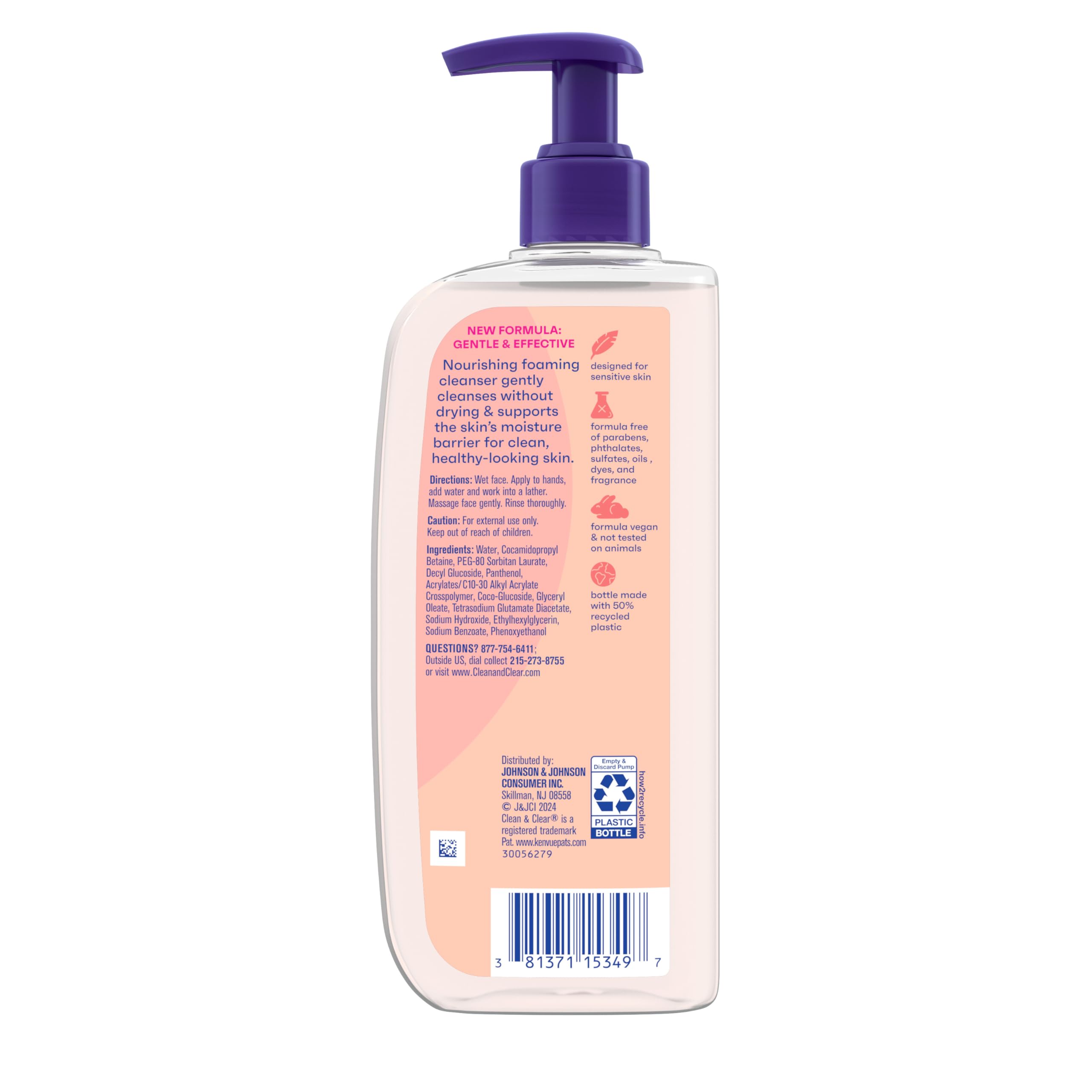 Clean & Clear Essentials bottle 50-percent recycled plastic highlights sustainable packaging.