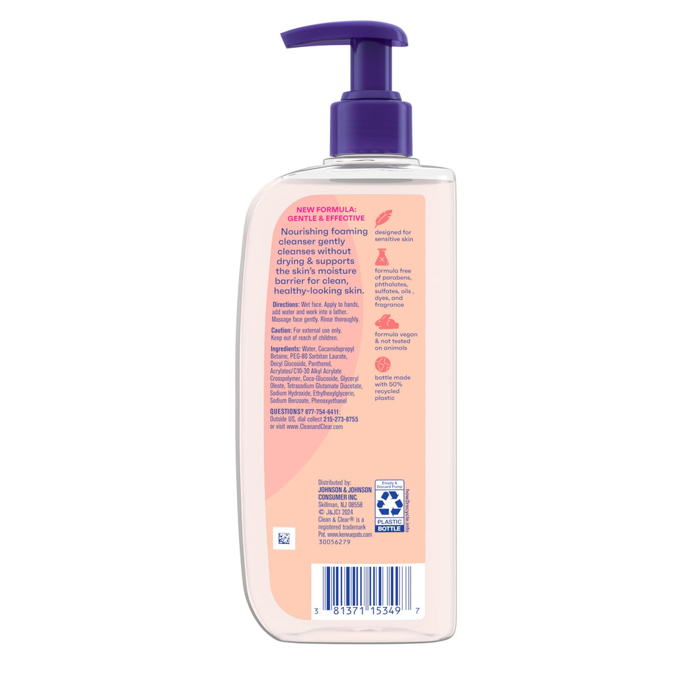 Clean & Clear Essentials bottle 50-percent recycled plastic highlights sustainable packaging.
