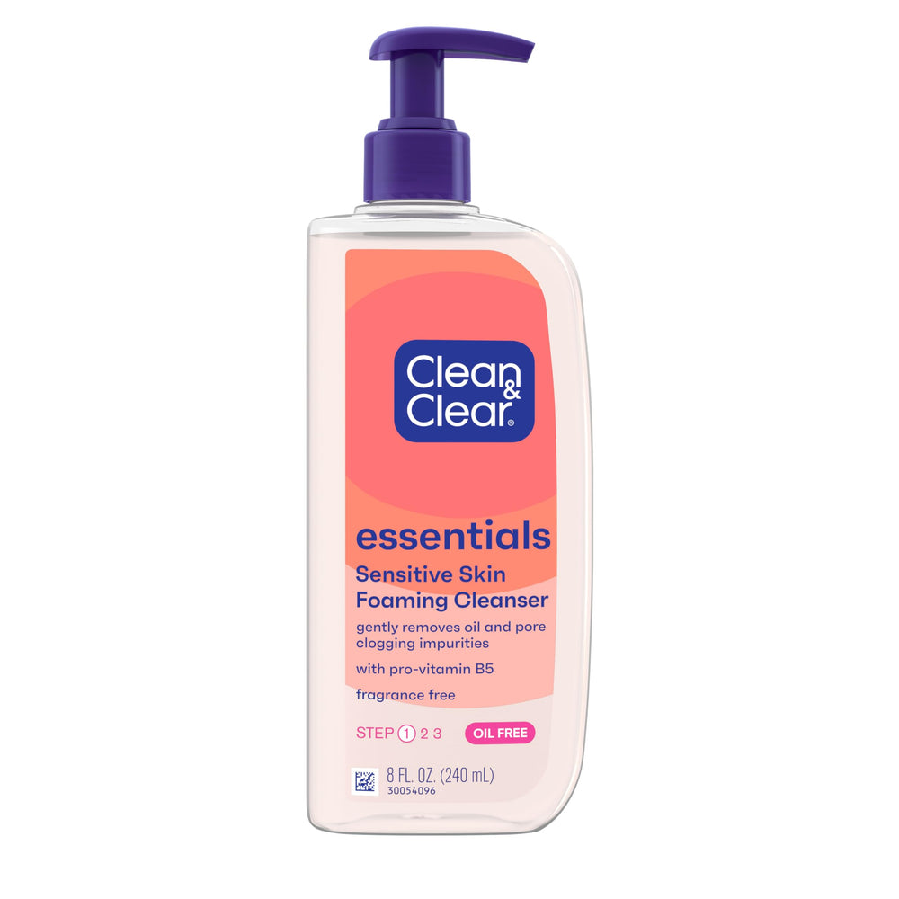 Clean & Clear Essentials bottle front showing fragrance-free formula for sensitive skin.
