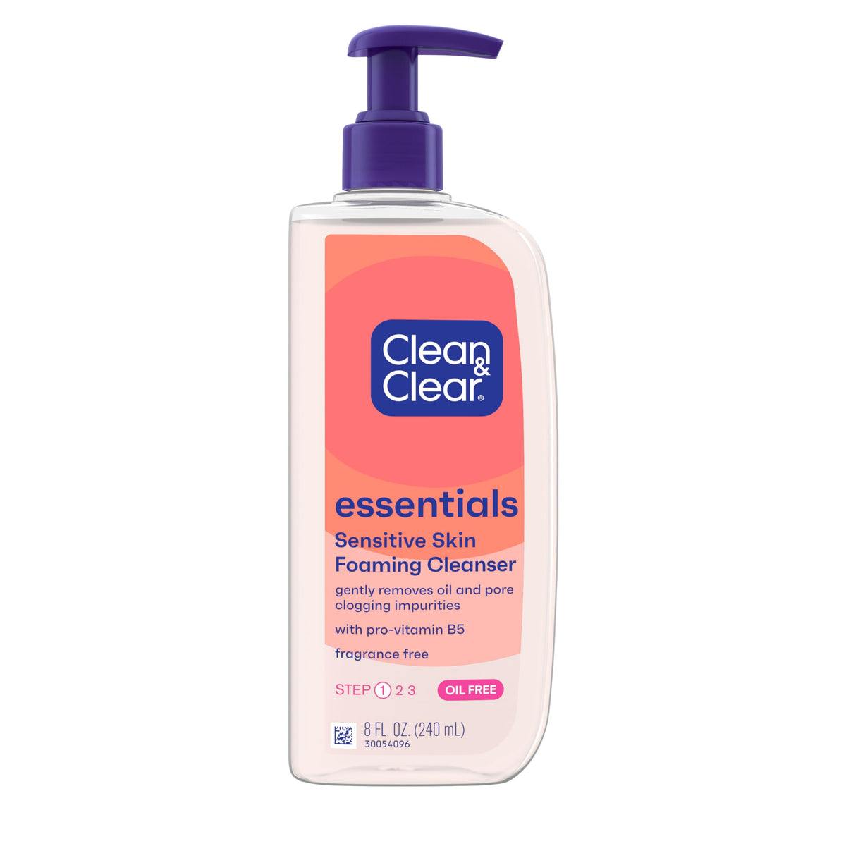 Clean & Clear Essentials bottle front showing fragrance-free formula for sensitive skin.