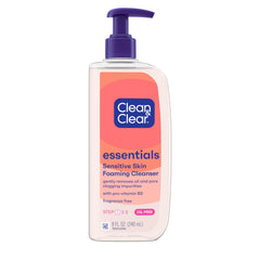 Clean & Clear Essentials bottle front showing fragrance-free formula for sensitive skin.