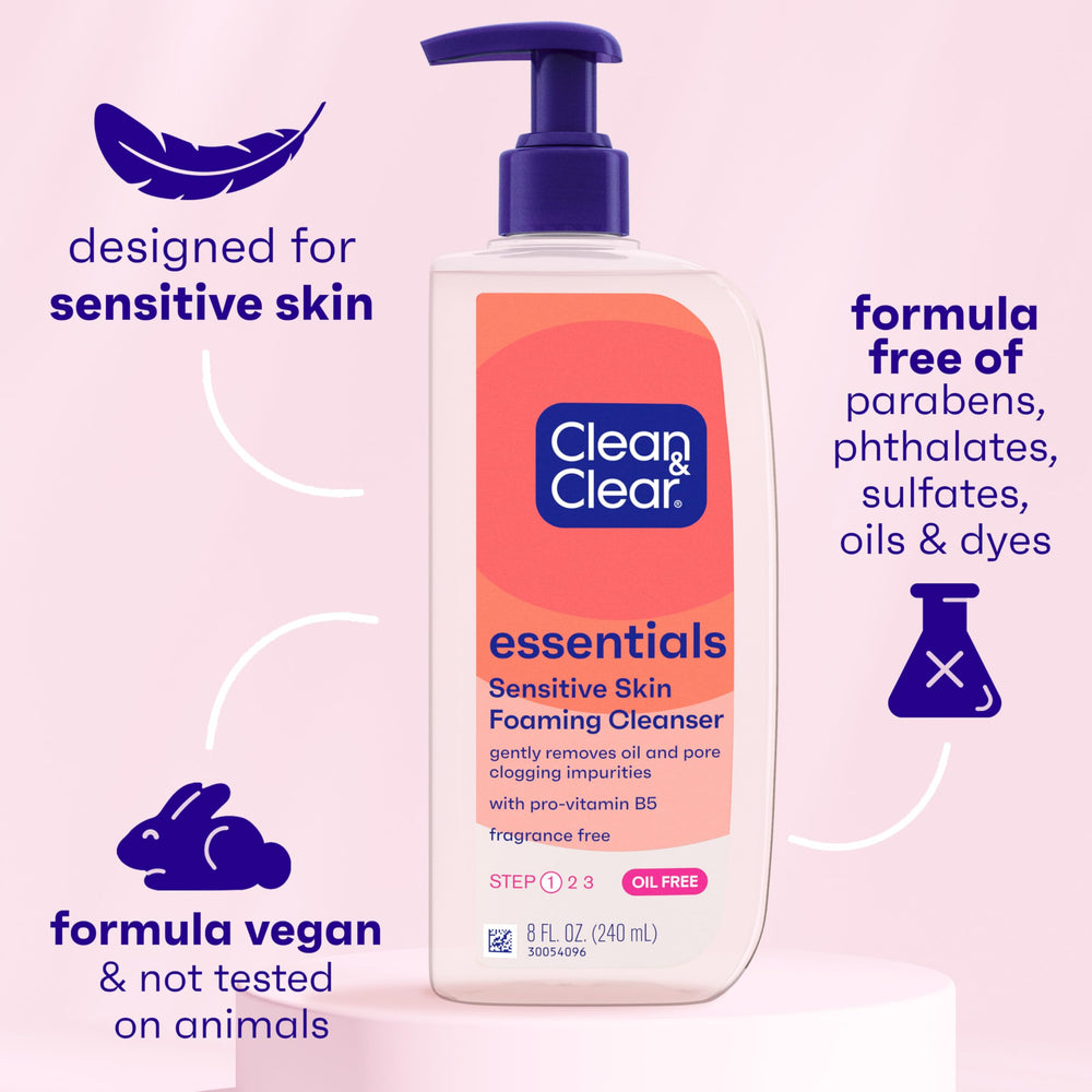 Clean & Clear Essentials hands-application image for quick daily cleansing use.