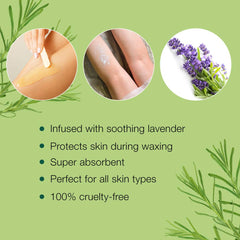 Close-up of Clean + Easy Absorb Lavender Powder texture for waxing prep.