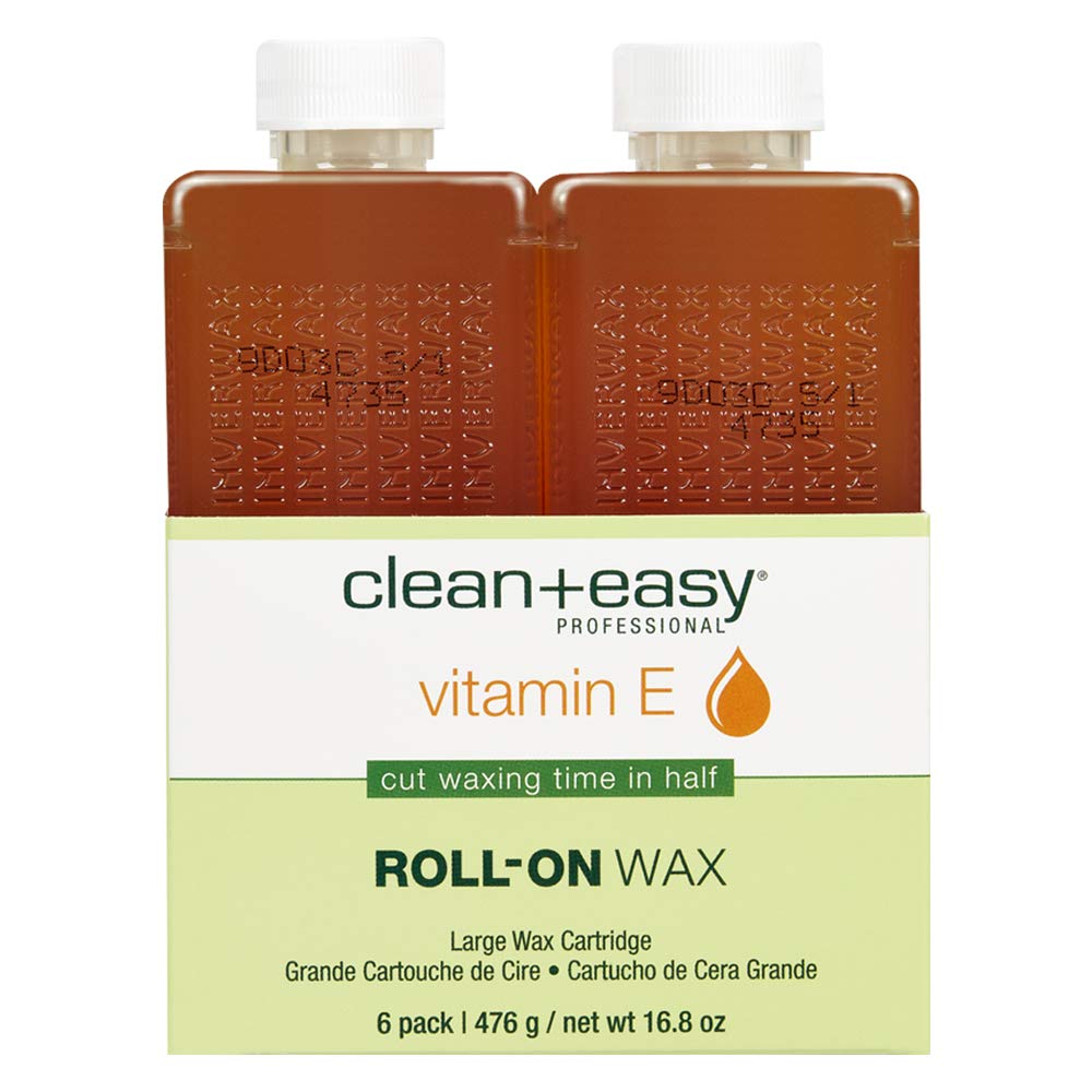 Clean + Easy Vit E Roll-On Wax 6-pack packaging close-up shows value kit and vitamin E