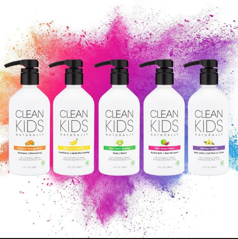 Clean Kids Naturally champú tropical, botella con aroma cítrico suave, uso diario confiable.