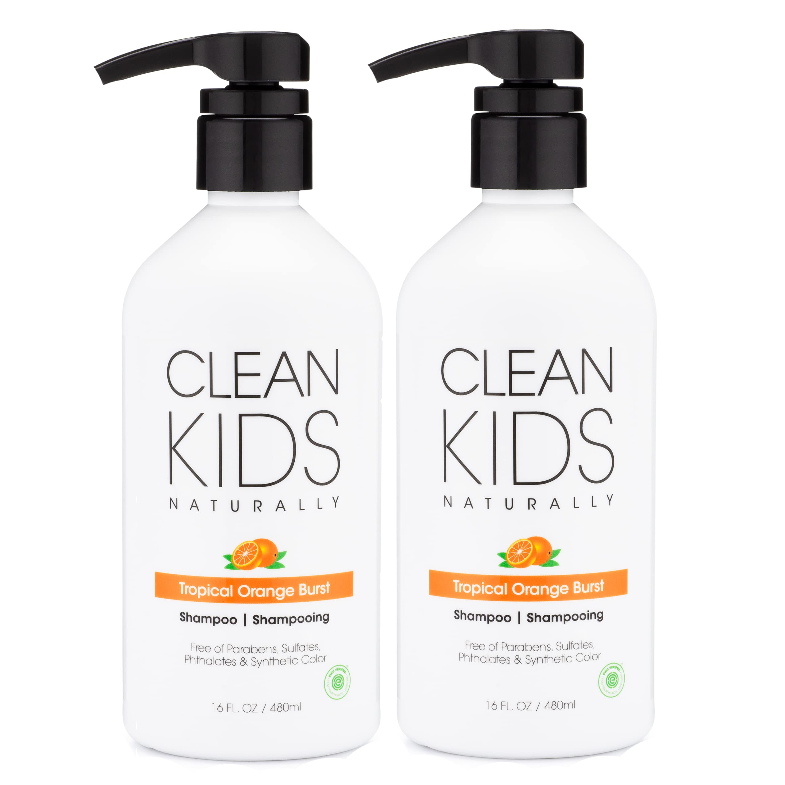 Clean Kids Naturally Tropical Shampoo bottle with orange burst label for gentle cleansing.