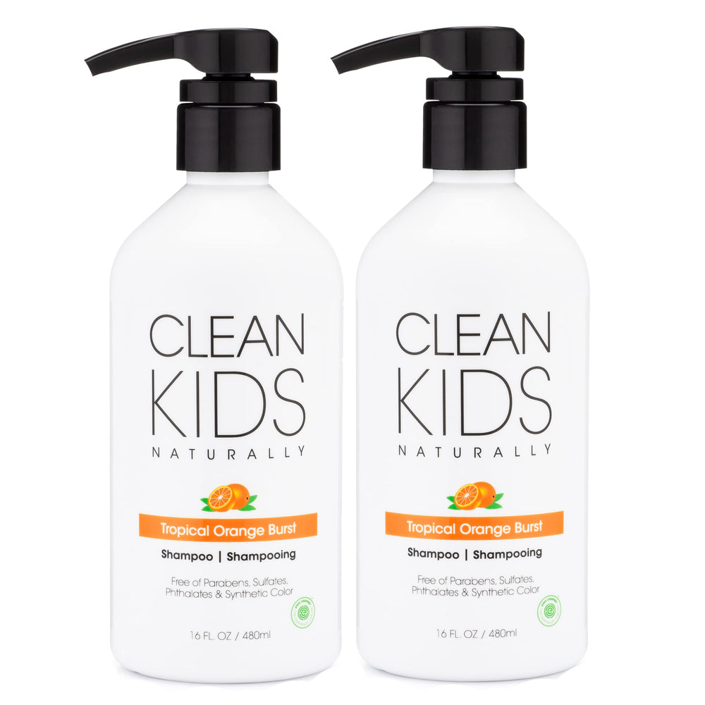 Clean Kids Naturally Tropical Shampoo bottle with orange burst label for gentle cleansing.