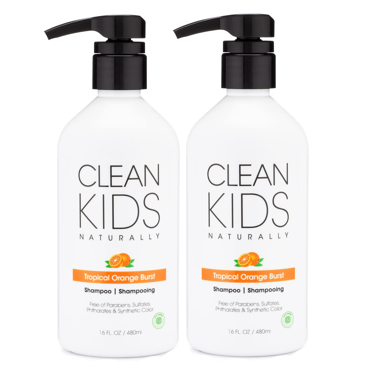Clean Kids Naturally Tropical Shampoo bottle with orange burst label for gentle cleansing.