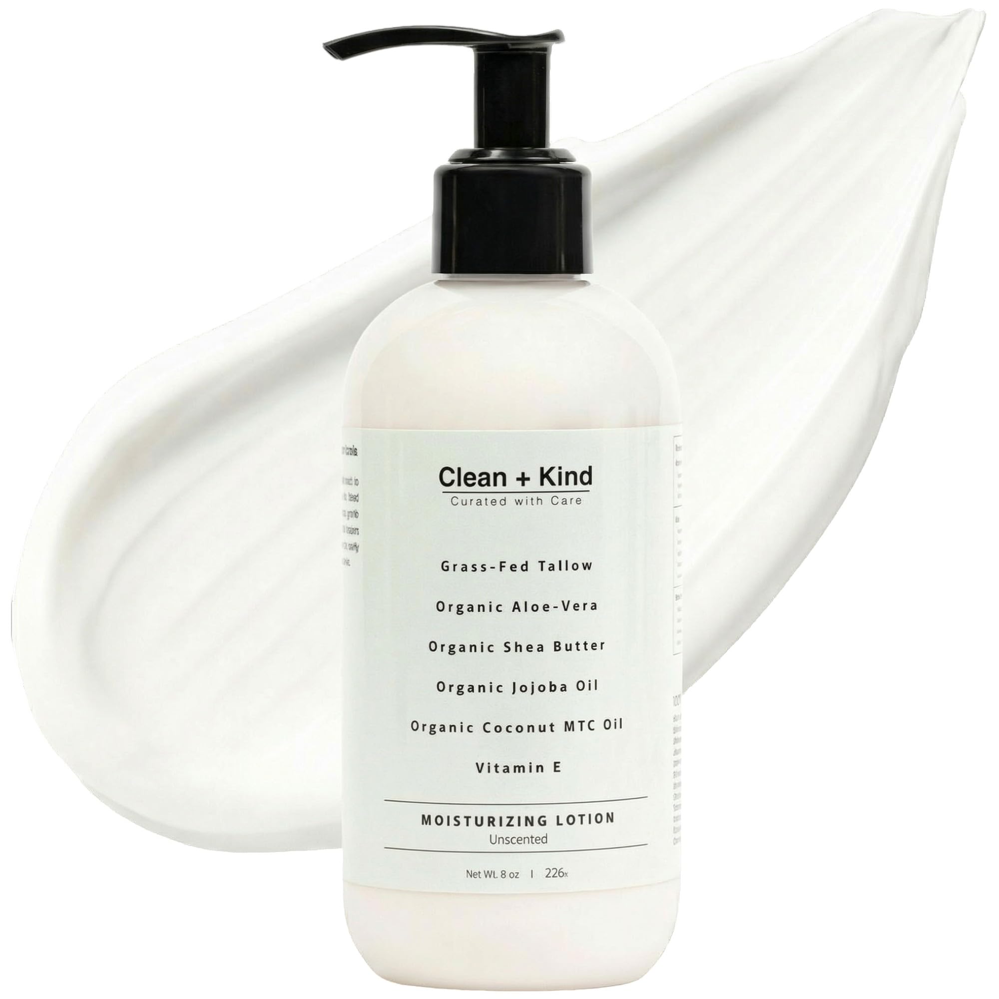 Clean + Kind loción diaria en envase, ofrece hidratación duradera para piel seca.