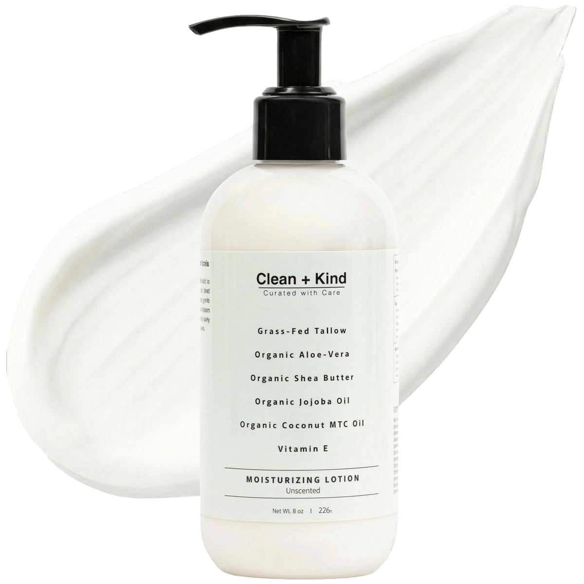 Clean + Kind loción diaria en envase, ofrece hidratación duradera para piel seca.