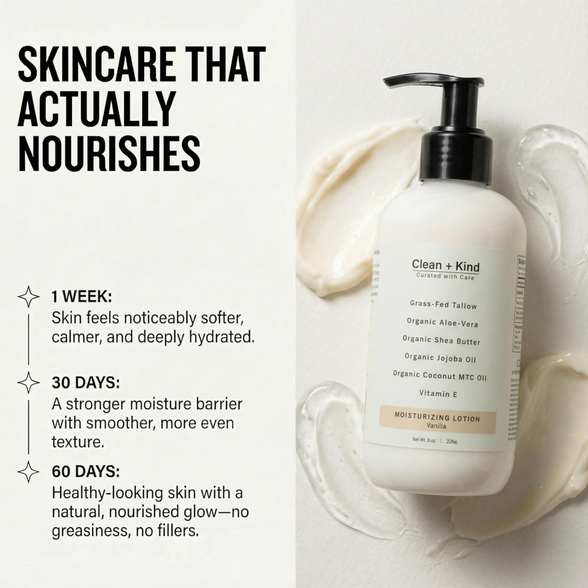 Clean + Kind loción con manteca de karité y vainilla, aroma suave y piel nutrida.