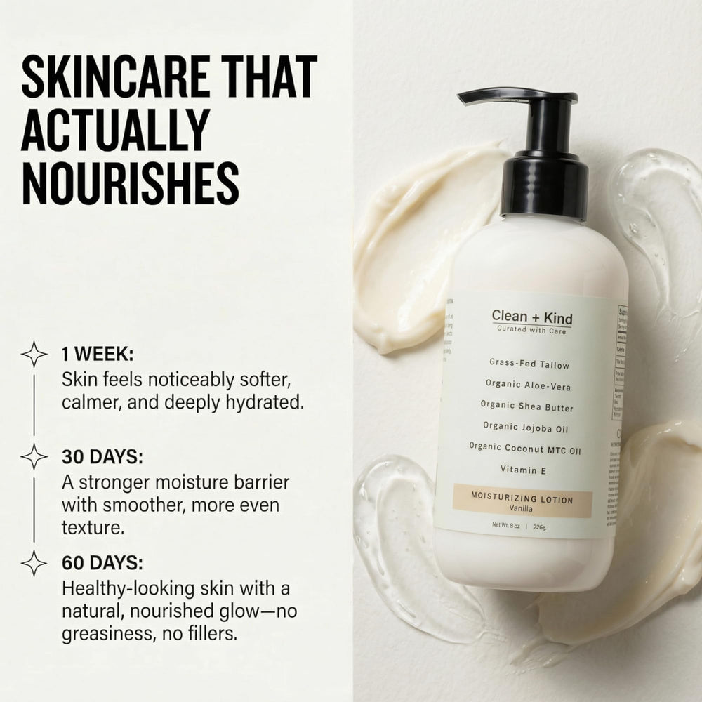 Clean + Kind loción con manteca de karité y vainilla, aroma suave y piel nutrida.