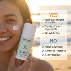 Clean + Kind non-greasy finish demonstrates light, quick-absorbing sunscreen.