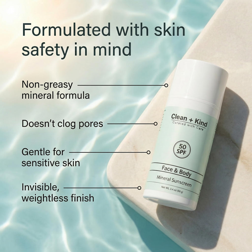 Clean + Kind reef-safe formula emphasizes mineral protection without harming reefs.