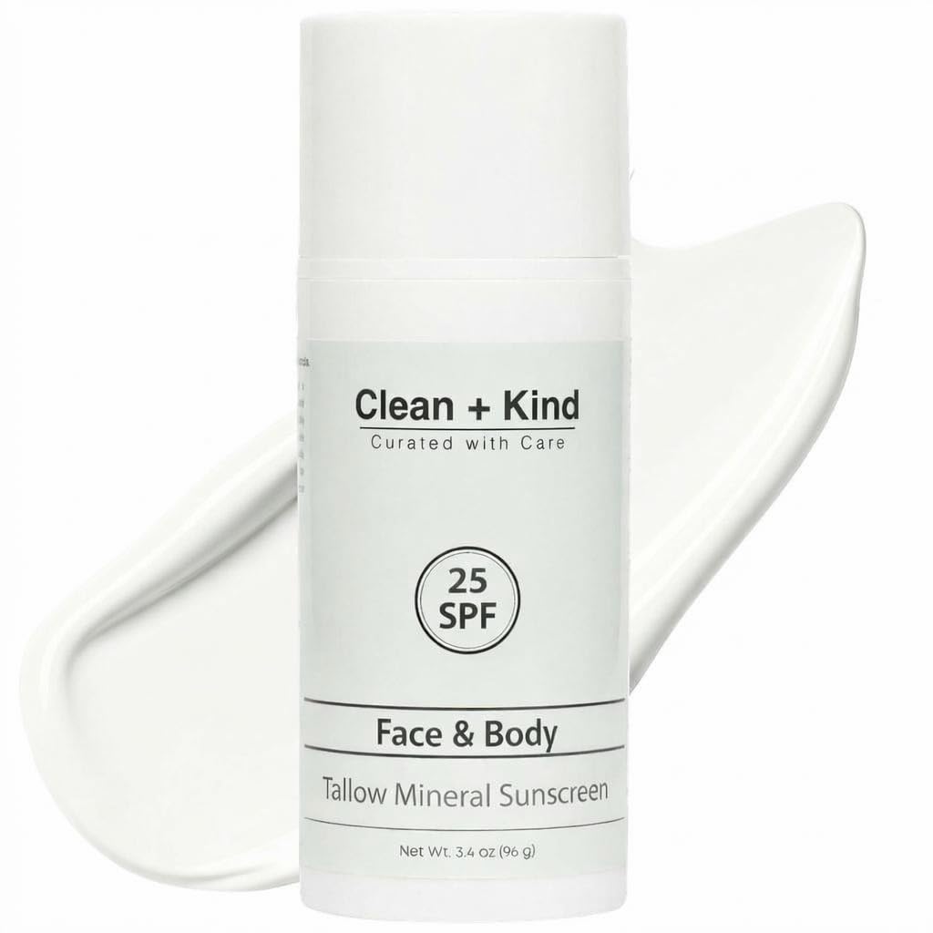 Clean + Kind Tallow Sunscreen bottle front showing mineral-based SPF protection for face and body