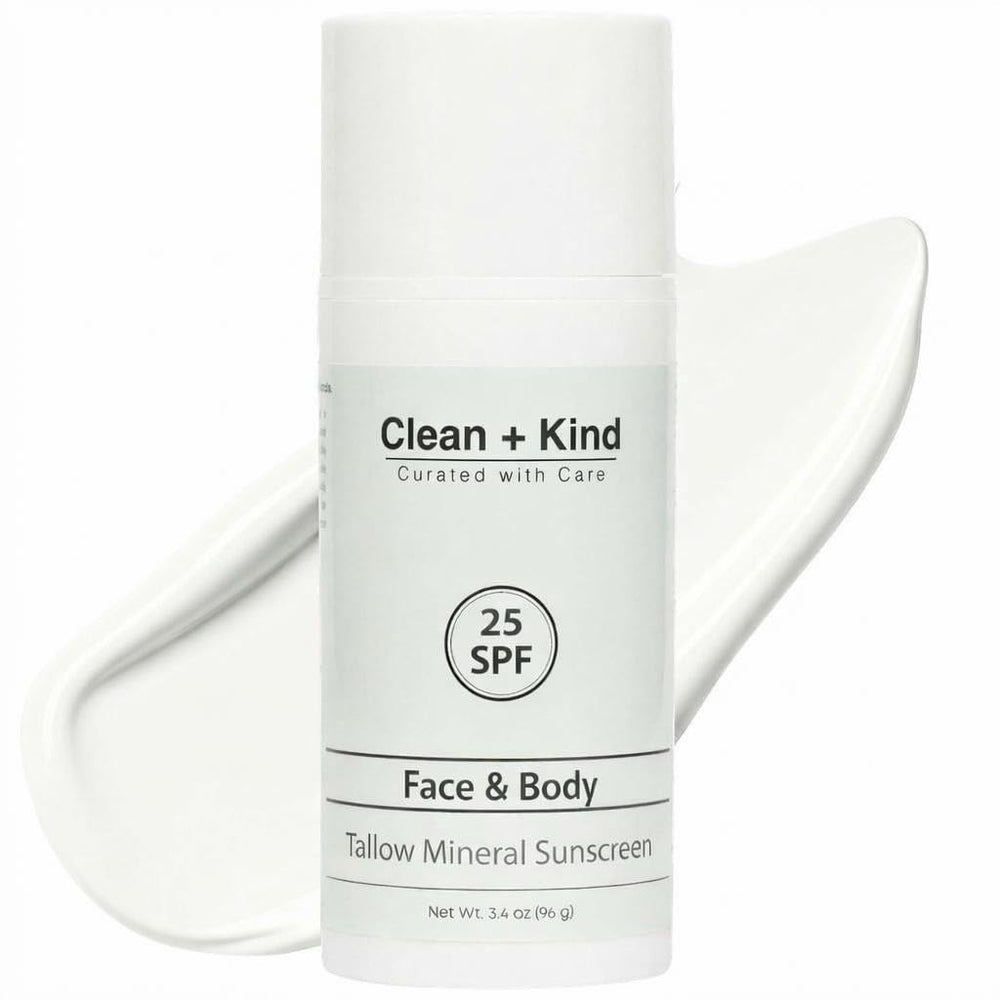 Clean + Kind Tallow Sunscreen bottle front showing mineral-based SPF protection for face and body