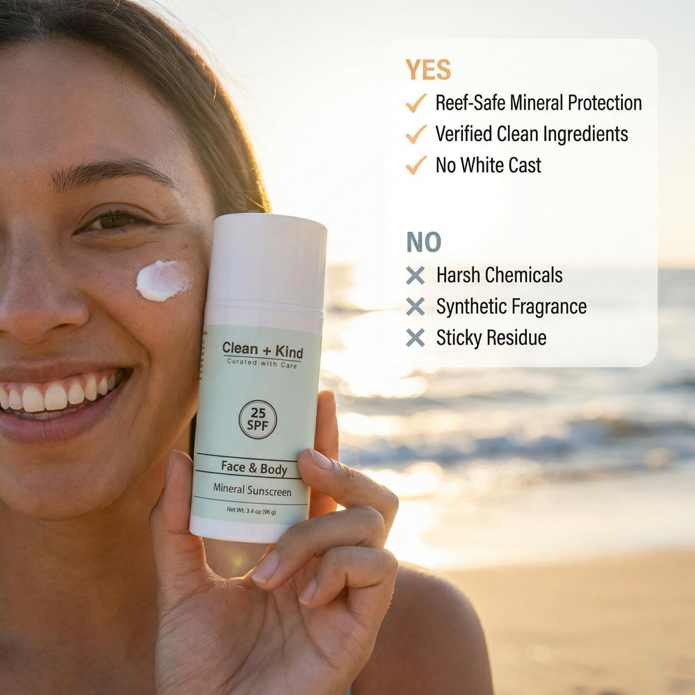 Clean + Kind Tallow Sunscreen face-body usage scene for daily outdoor protection