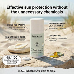 Clean + Kind Tallow Sunscreen hand-spread demonstrates non-greasy application and quick absorption