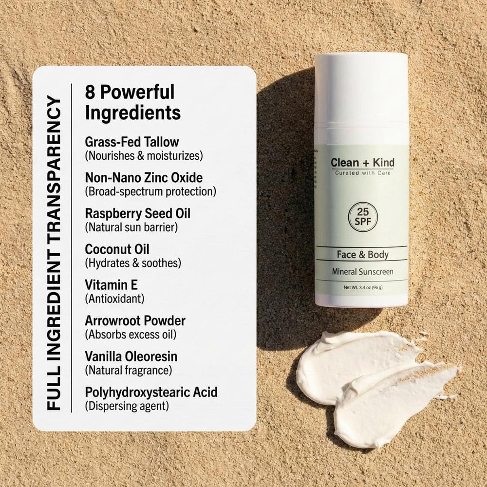 Clean + Kind Tallow Sunscreen packaging 3-4-oz compact size for travel