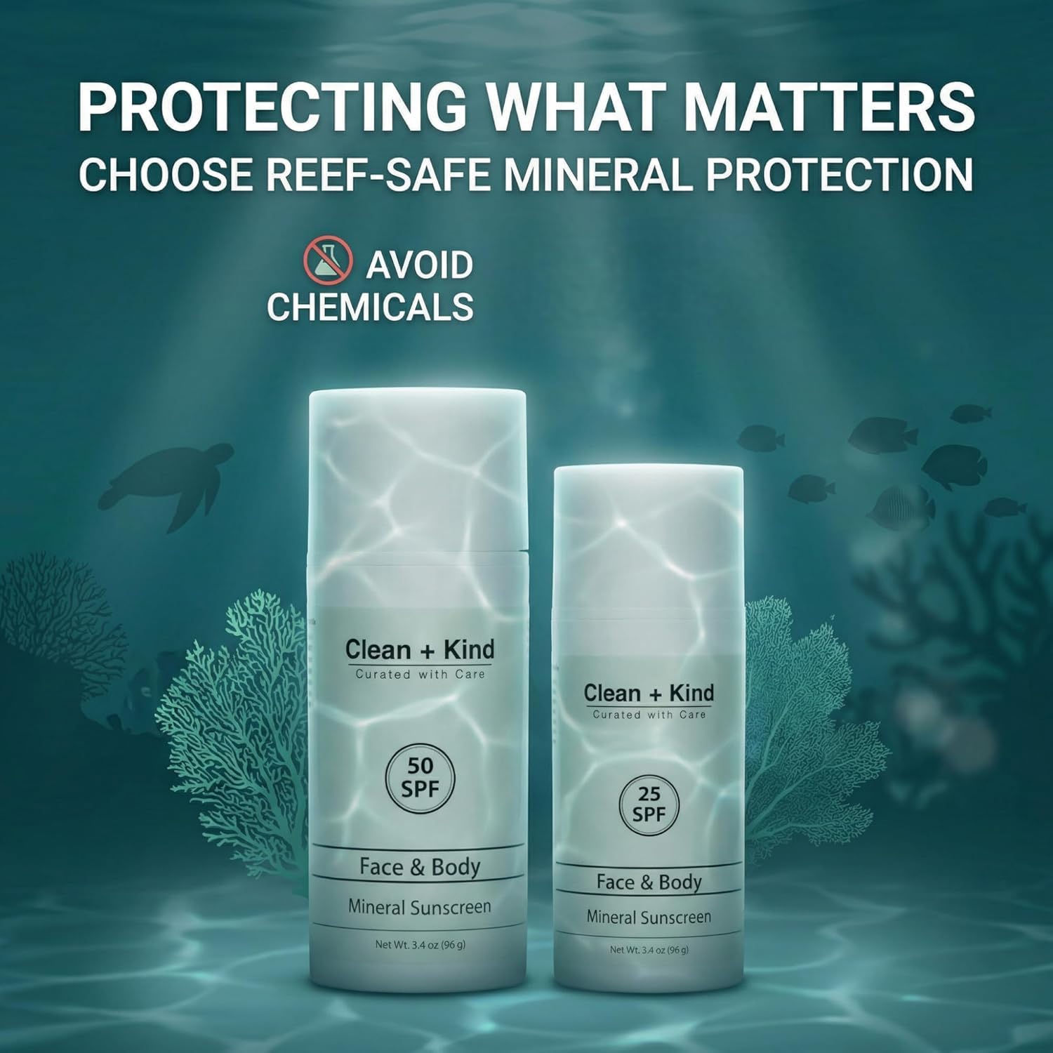 Clean + Kind Tallow Sunscreen reef-safe label emphasizing environmentally friendly sunblock