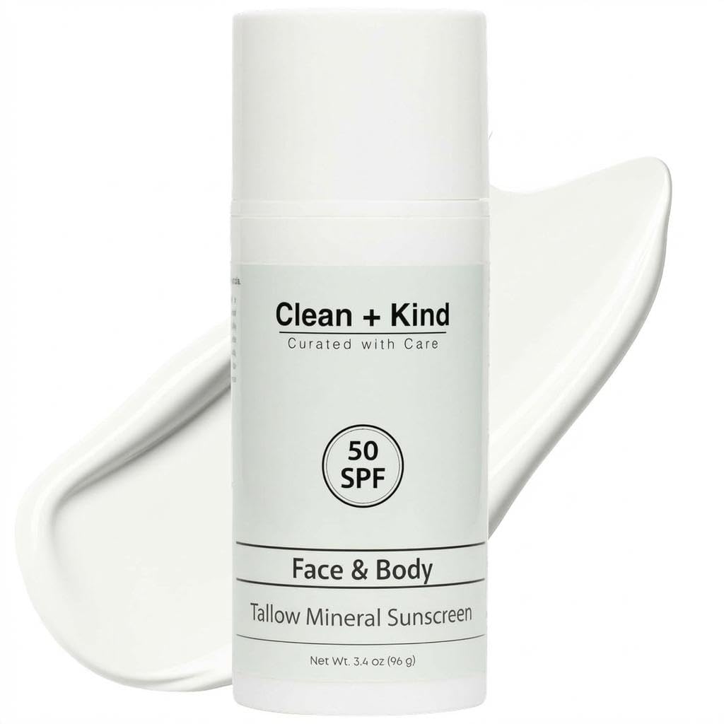 Clean + Kind Tallow Sunscreen SPF 50 zinc non-nano bottle for mineral protection.