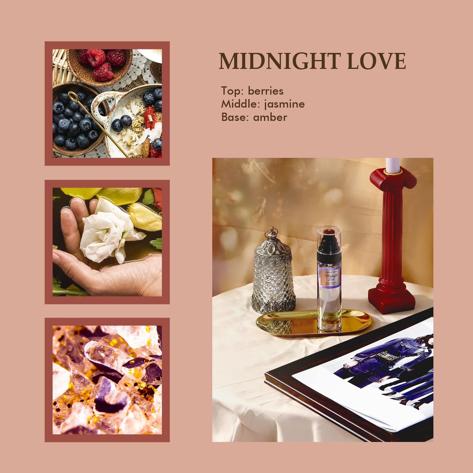 Clean-n-Fresh Midnight Love bottle reveals a seductive berry-jasmine-amber profile for evenings.