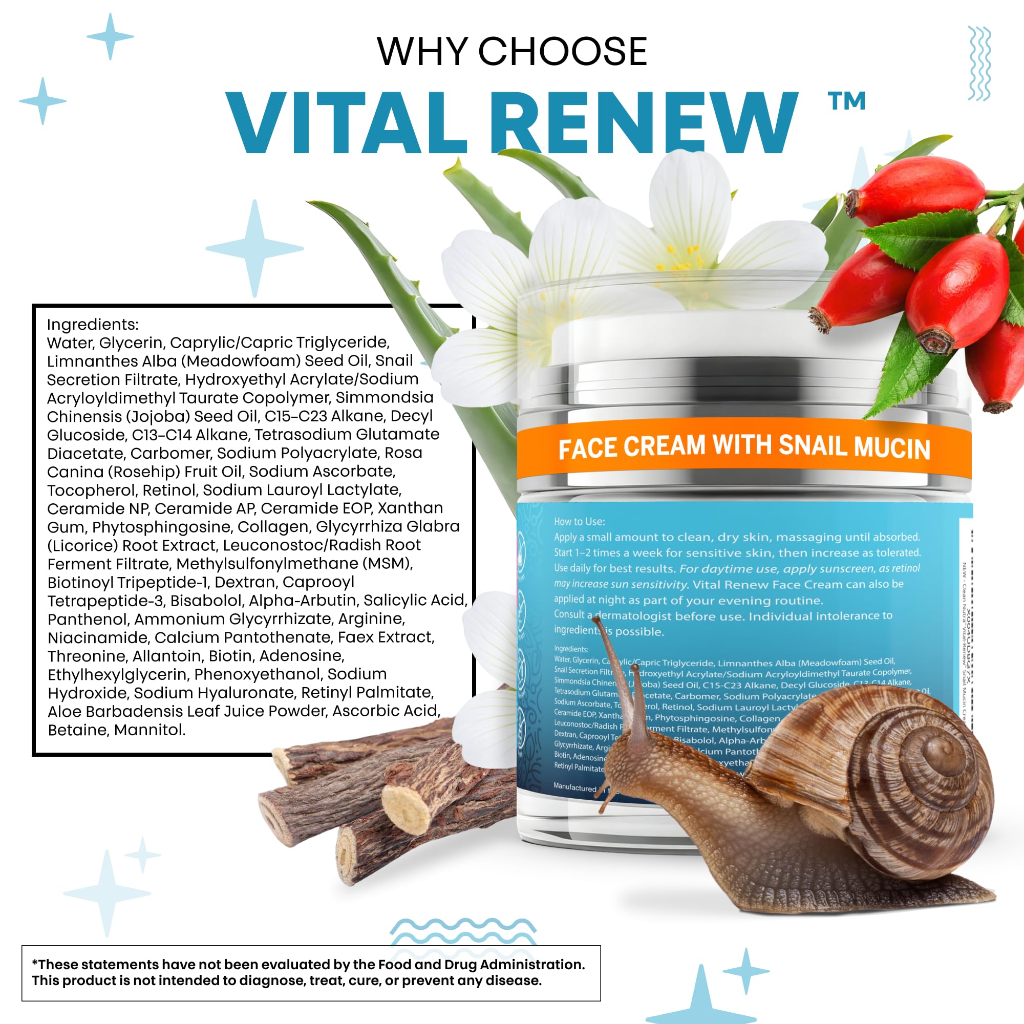 Vital Renew contiene ácido hialurónico para una hidratación duradera.