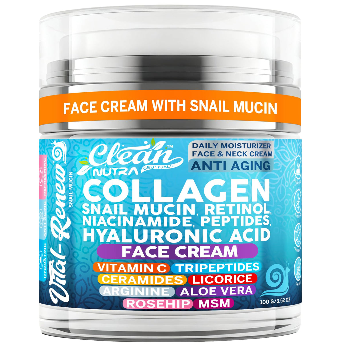 Vital Renew de Clean Nutraceuticals con mucina de caracol y textura ligera para piel radiante.