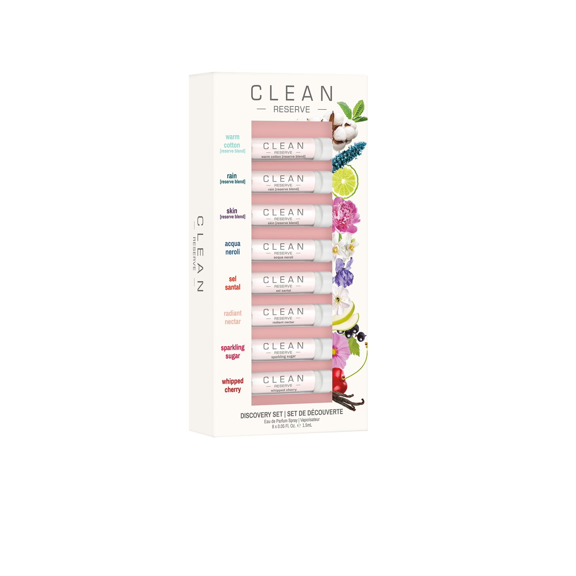 CLEAN RESERVE discovery set packaging with eight 1.5ml samples for on-the-go testing