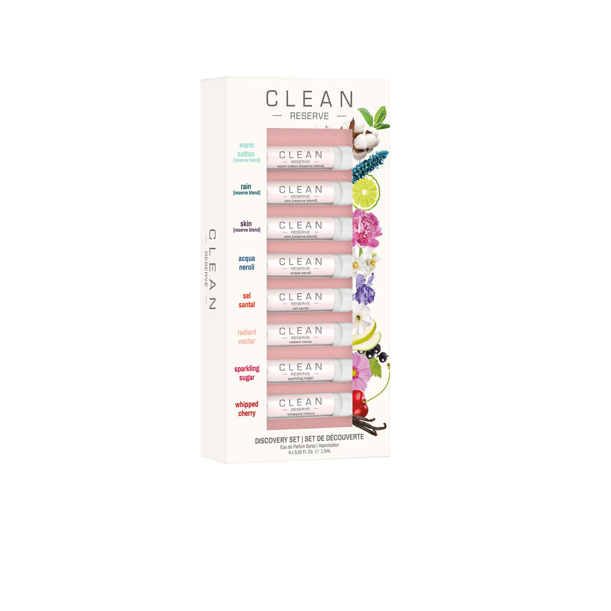 CLEAN RESERVE discovery set packaging with eight 1.5ml samples for on-the-go testing