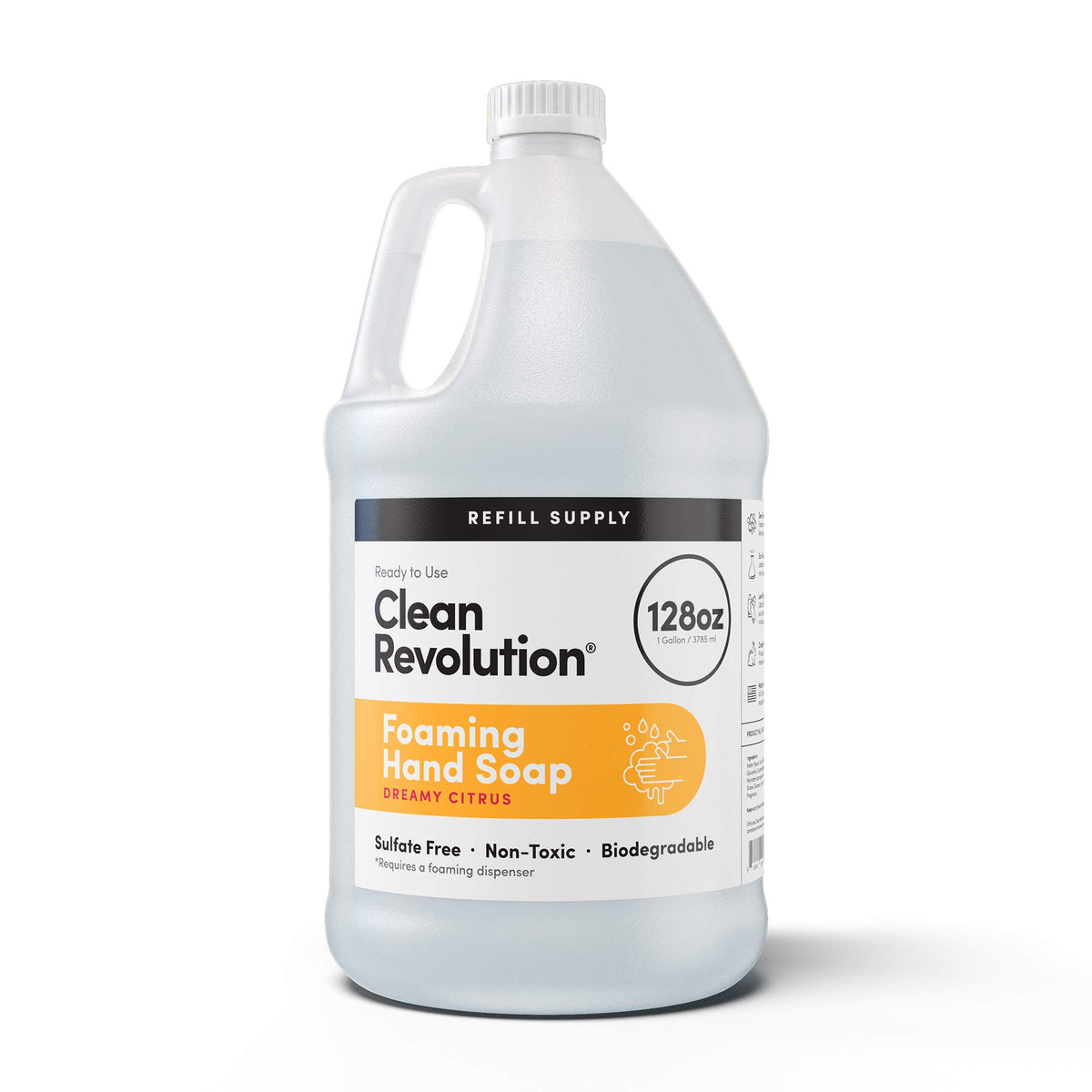 Clean Revolution Dreamy Citrus foam refill bottle shows 128oz size for easy refills