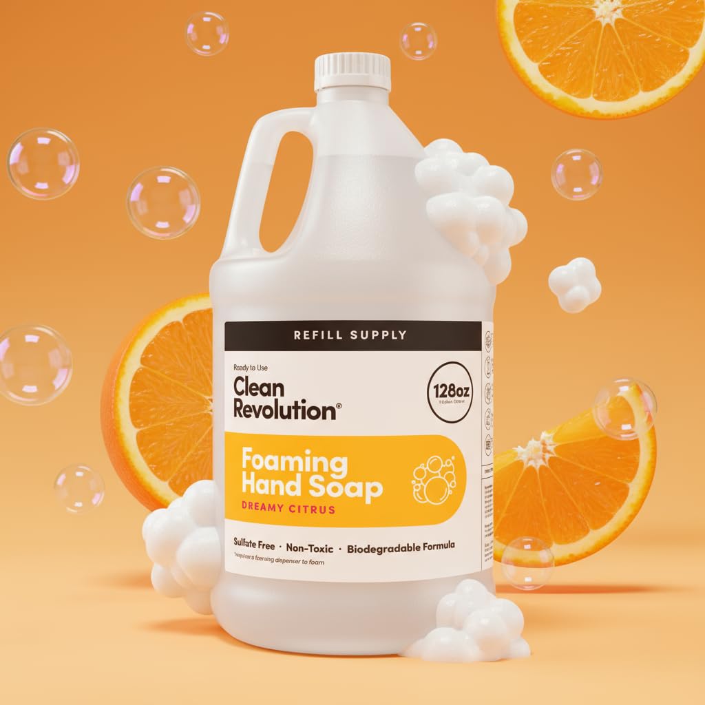 Pour action of Clean Revolution Dreamy Citrus refill bottle into dispenser