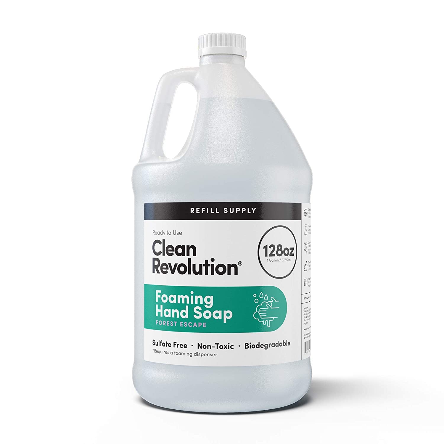 Jabón en espuma de Clean Revolution, envase recargable para recargas fáciles.