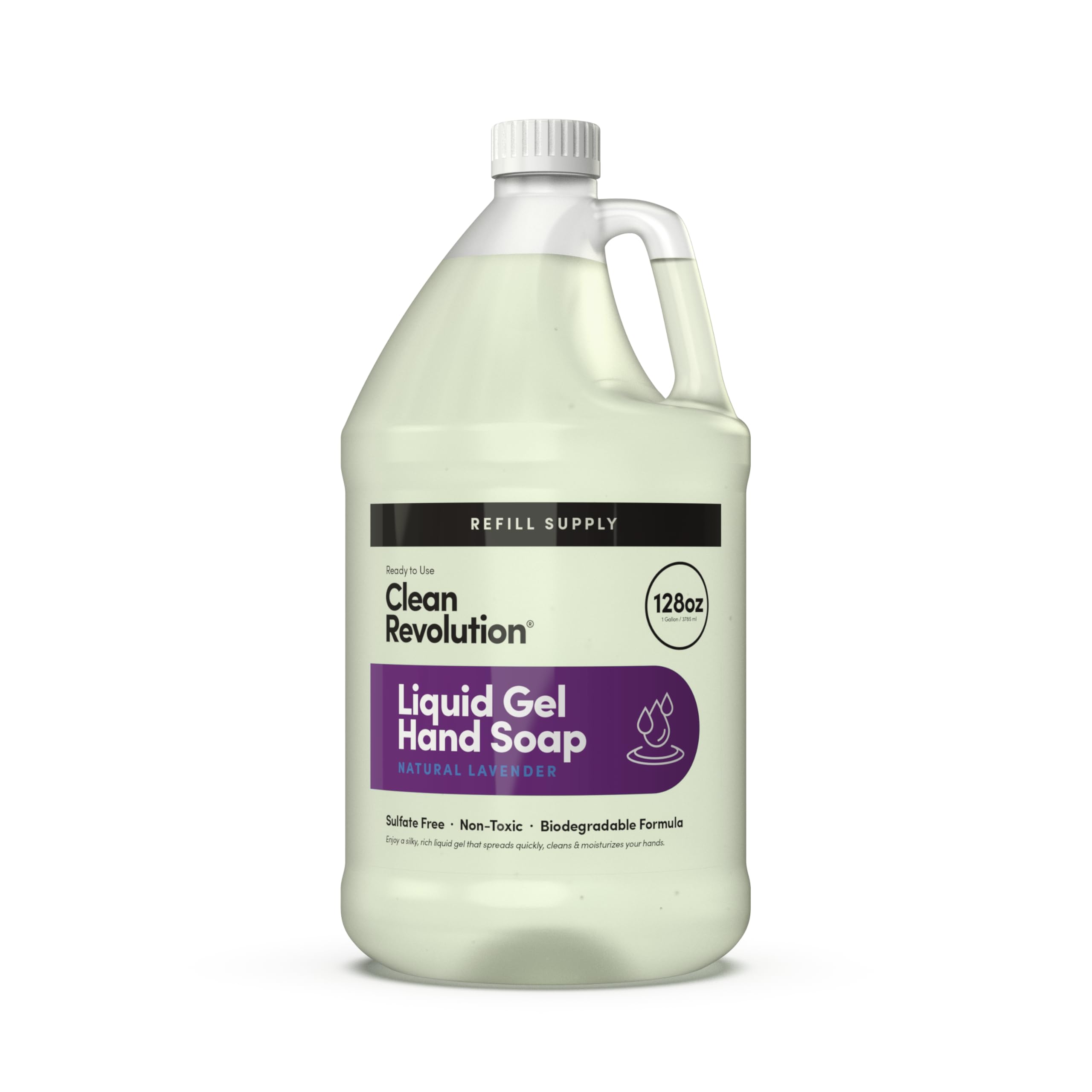 Clean Revolution liquid gel hand soap bottle front showcases silky richness for daily hand cleansing.