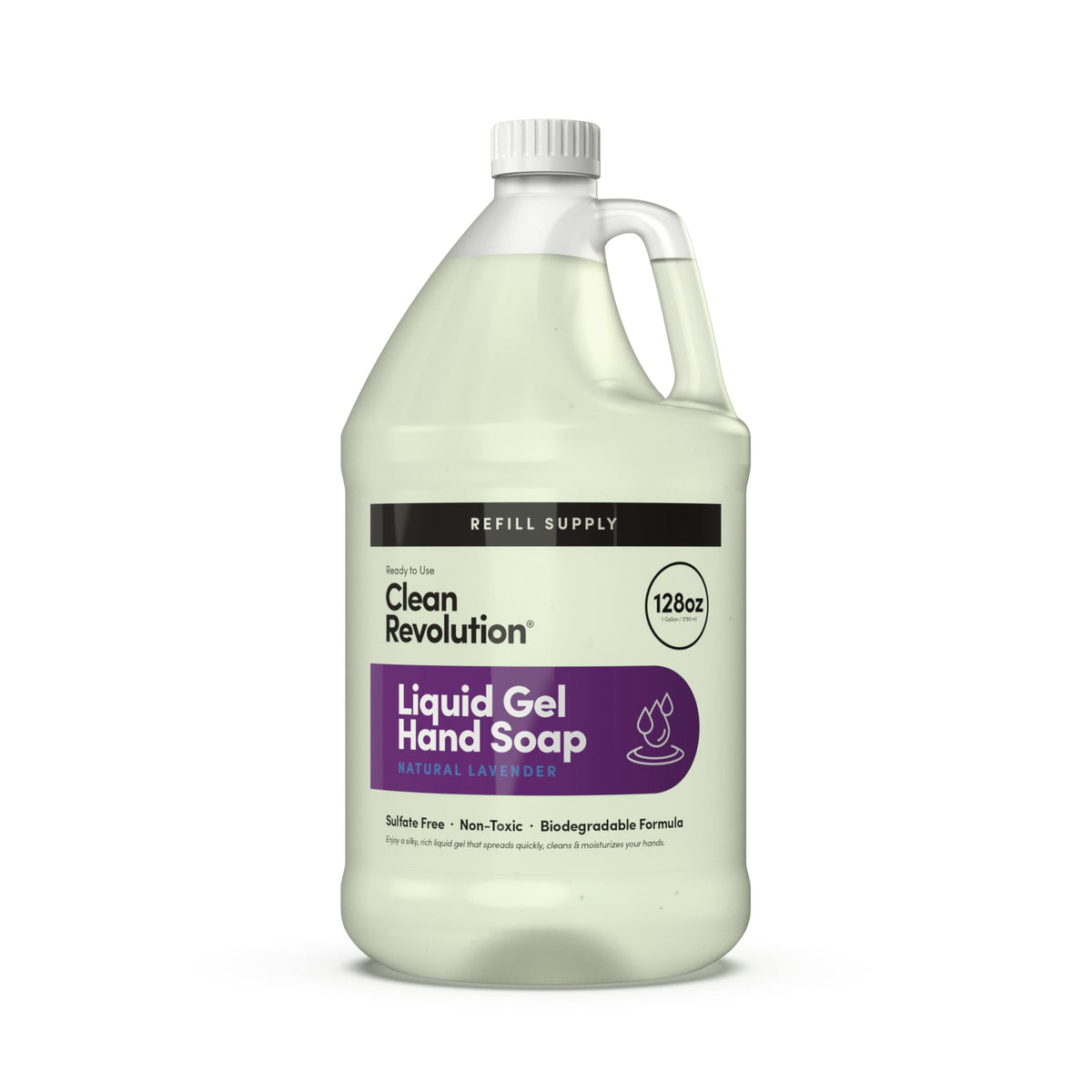 Clean Revolution liquid gel hand soap bottle front showcases silky richness for daily hand cleansing.
