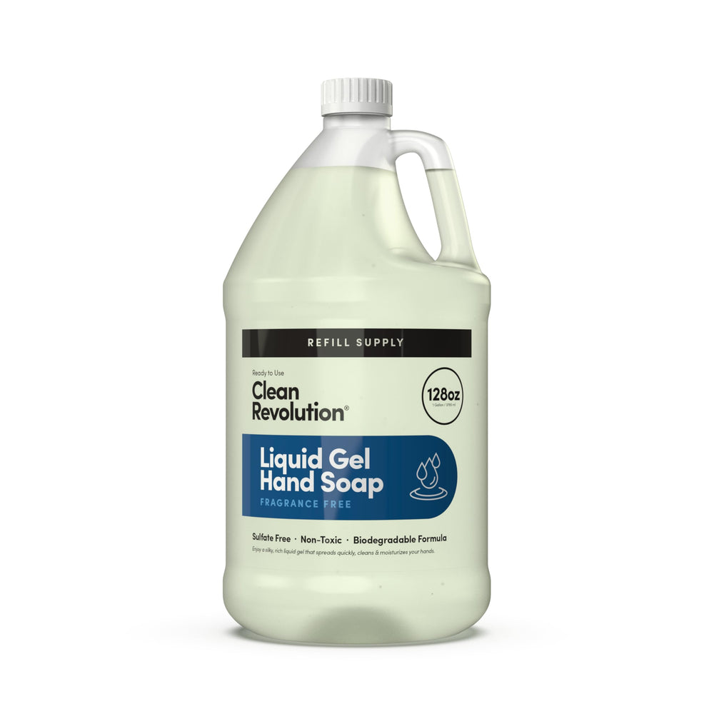 Clean Revolution liquid gel hand soap pump shows smooth lather for daily hand washing