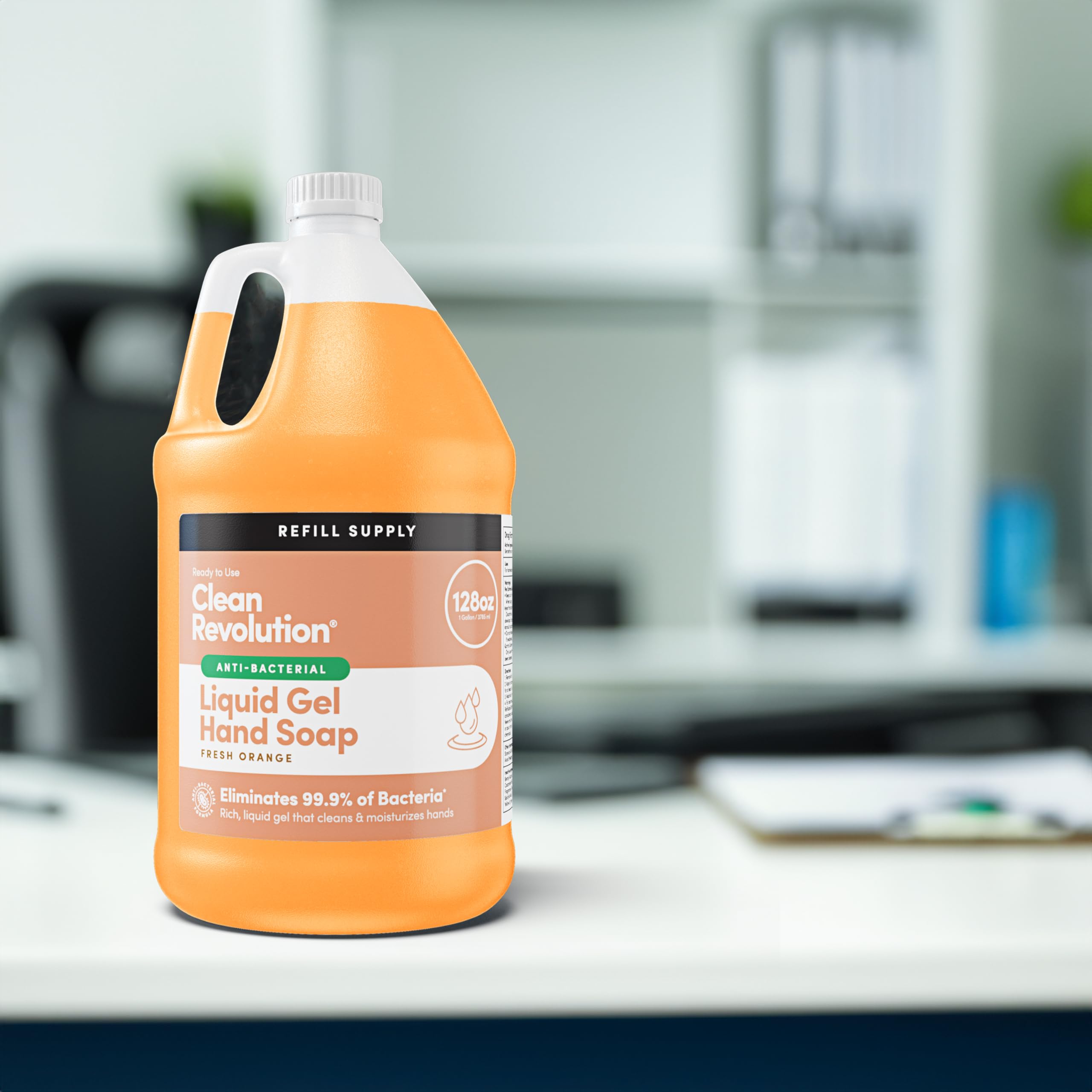 Clean Revolution orange-scented hand soap close-up with refreshing citrus aroma