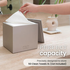 CLEAN SKIN CLUB cement box outside view shows durable construction with taupe stone finish