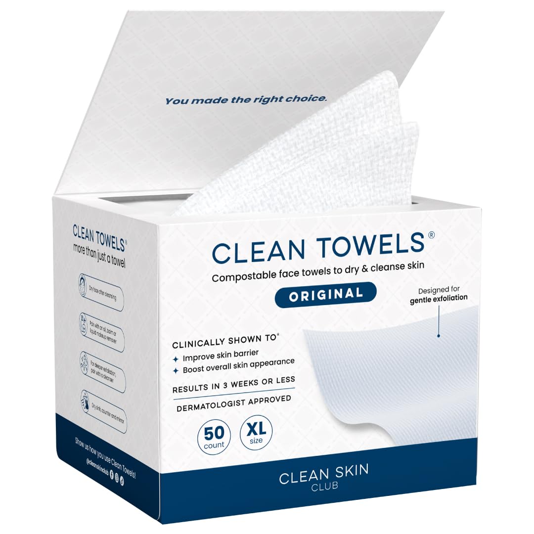 Clean Skin Club Clean Towels XL, paquete de 50 toallas faciales desechables para uso diario.