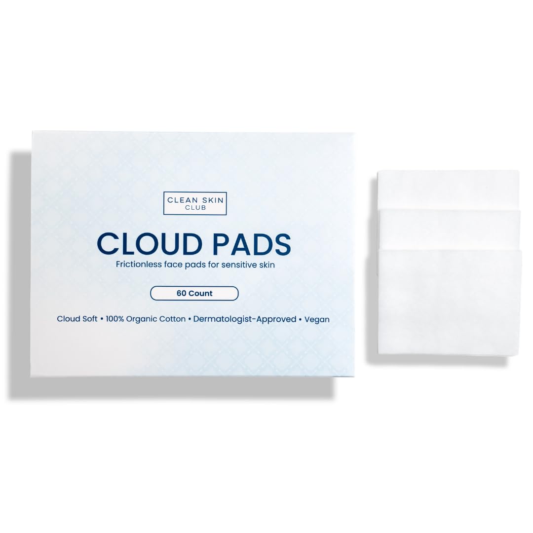 Clean Skin Club Cloud Pads pack front shows cloud-soft texture for gentle makeup removal