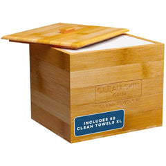 Clean Skin Club Luxe bamboo container on a bathroom counter with removable cover