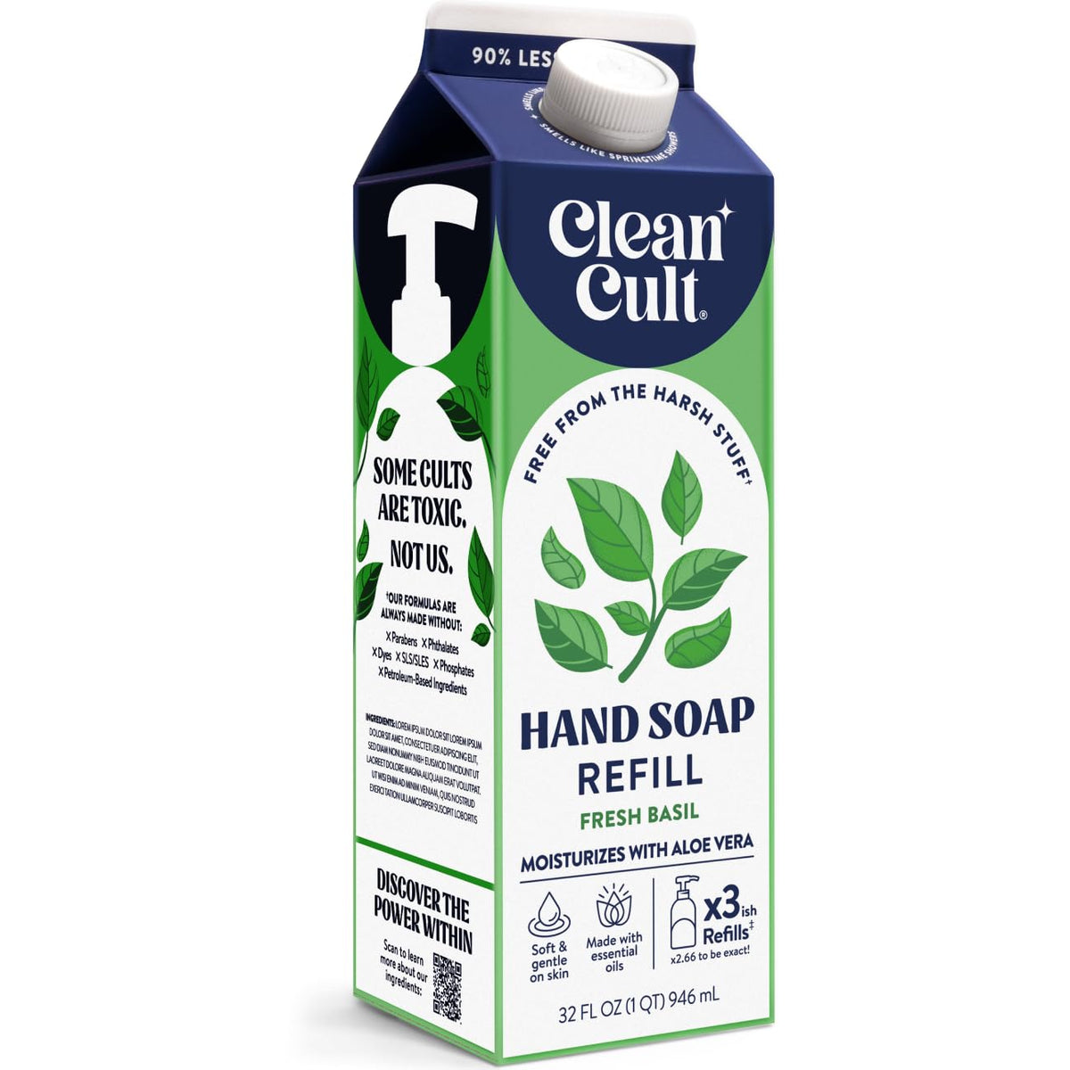 Jabón líquido Cleancult en relleno de albahaca fresca para manos limpias y fragancia suave.