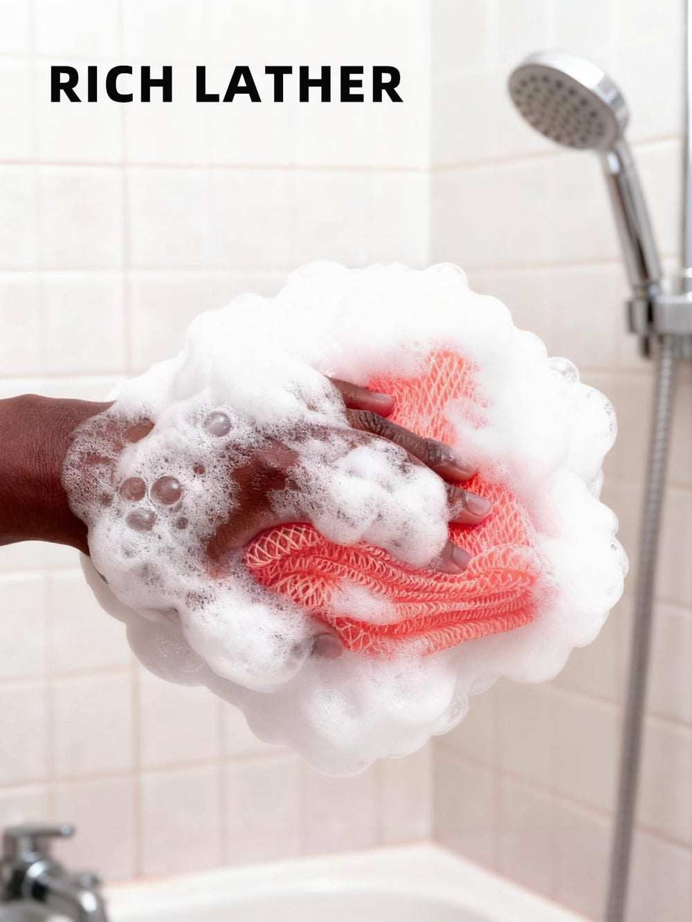 CLEANGOR African Net Sponge with Knots is back-scrub friendly for hard-to-reach areas.