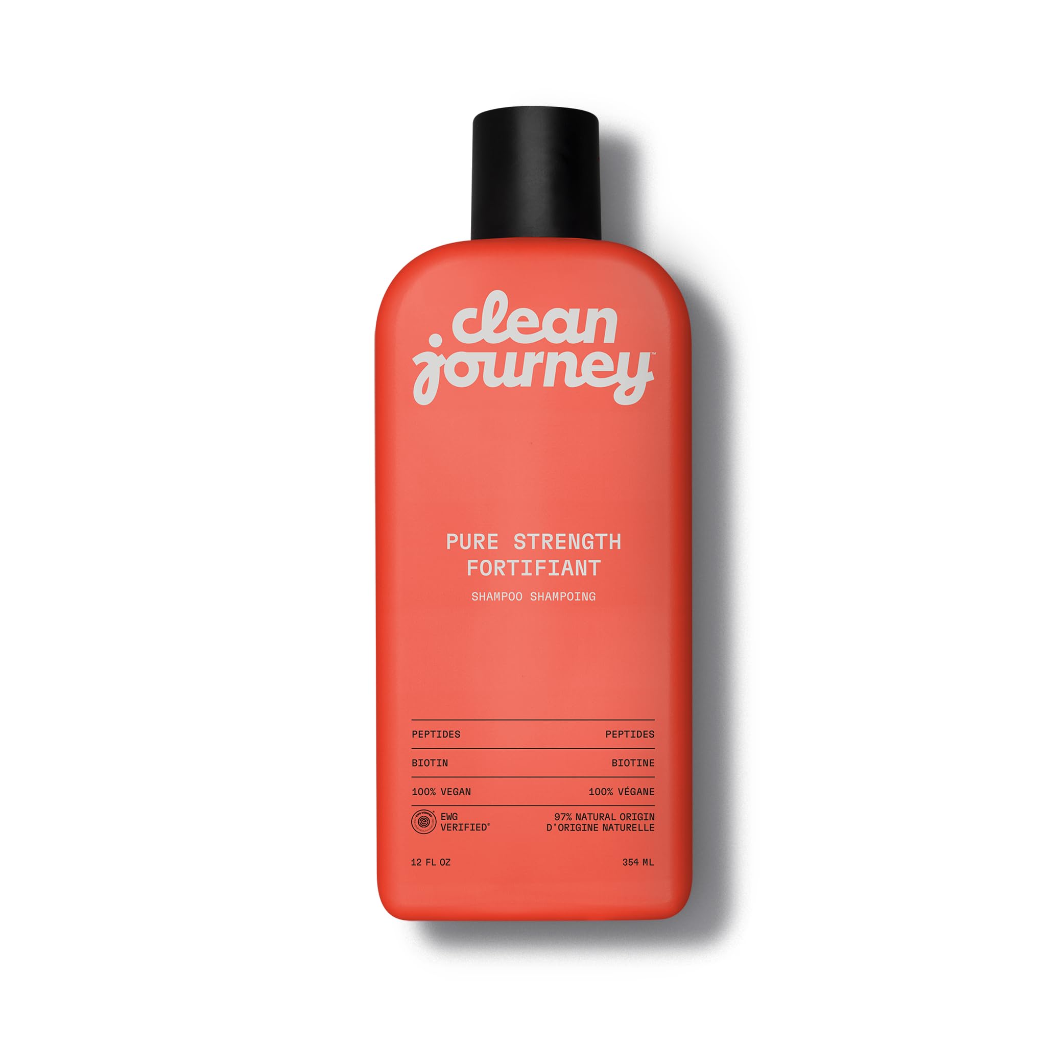 cleanjourney Fuerza Pura Champú: botella en primer plano para cabello frágil