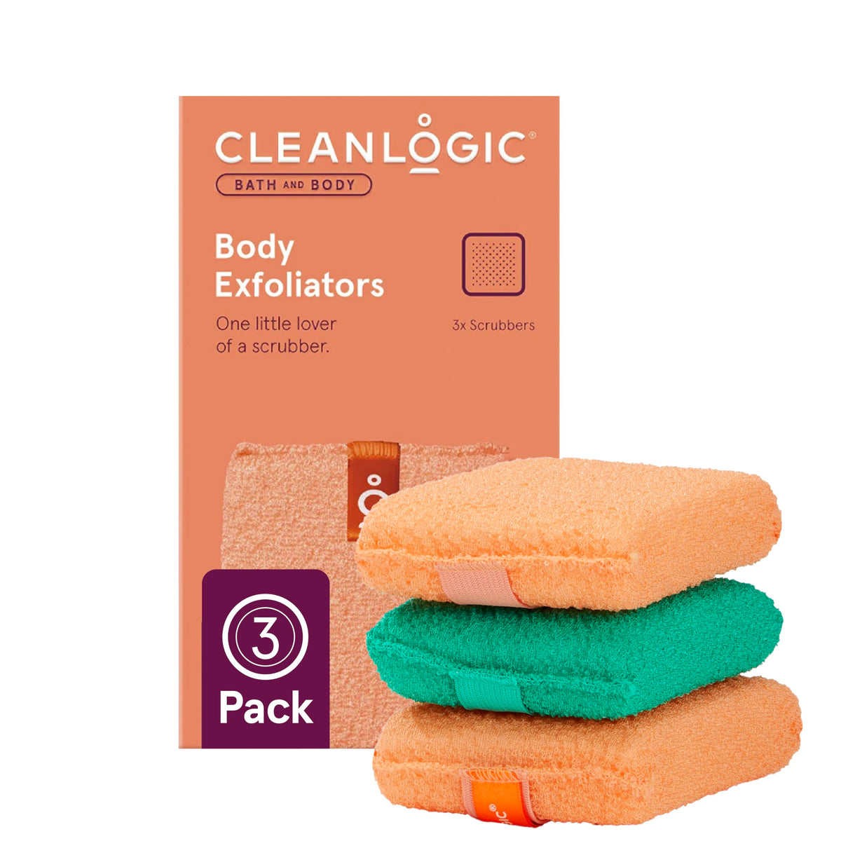 Cleanlogic exfoliating scrubber pack, front view, for smoother skin