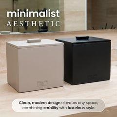 Clean Skin Club cement box on vanity highlights its modern matte finish.