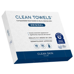 Clean Skin Club Clean Towels XL pack shown in a compact travel setup for on-the-go skincare.