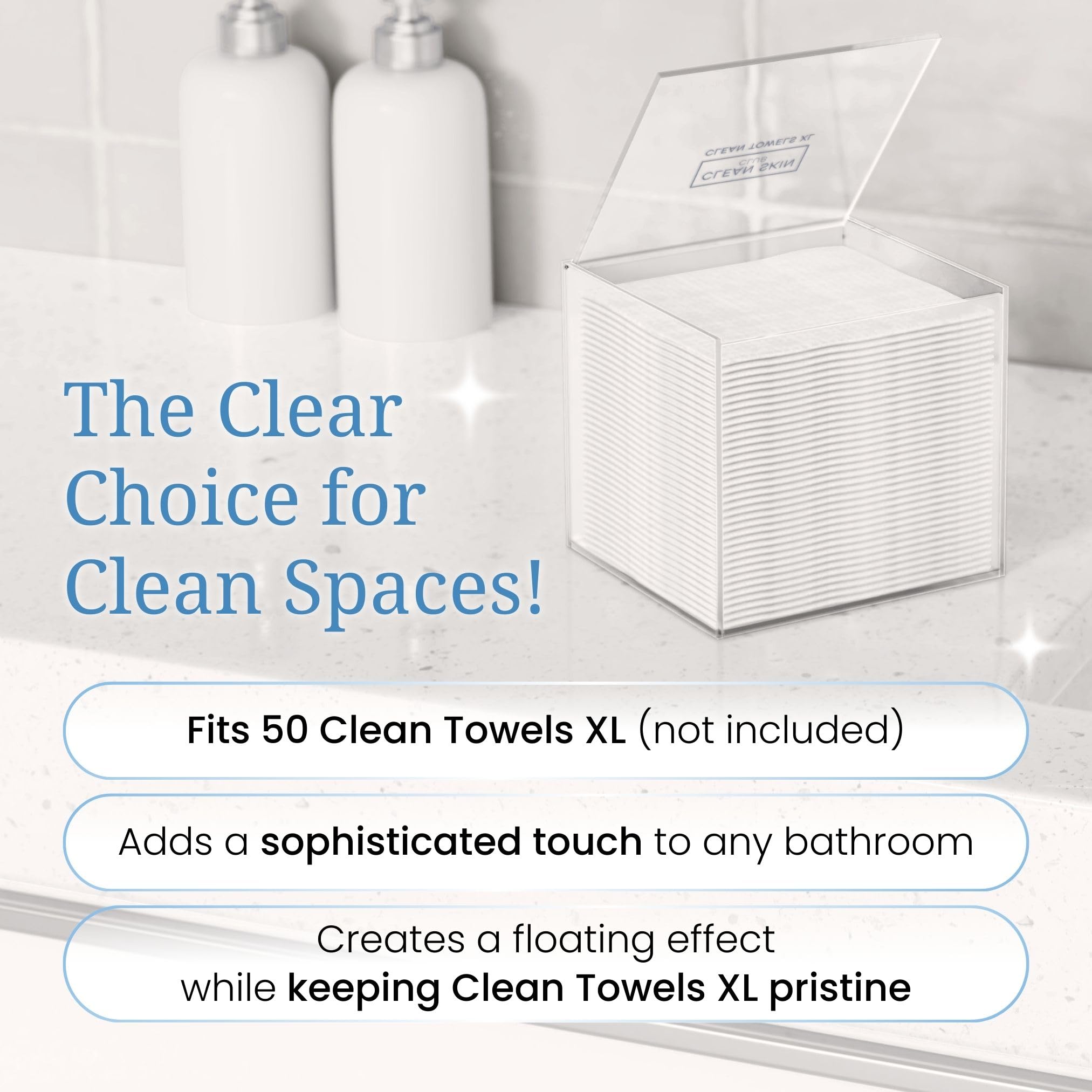 CLEAN SKIN CLUB clear acrylic box with face towelettes for easy bedside access.